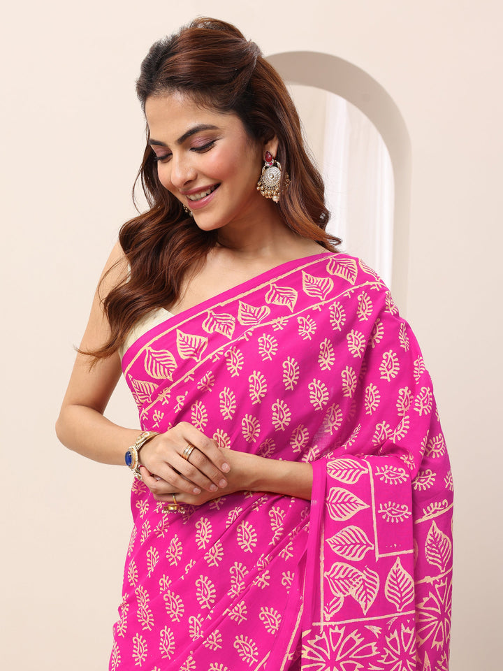 Pink Printed Cotton Saree With Unstitched Blouse
