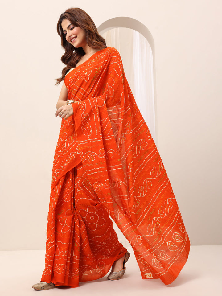 Orange Printed Cotton Saree With Unstitched Blouse