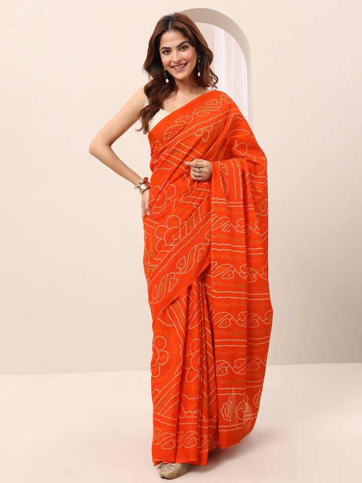 Orange Printed Cotton Saree With Unstitched Blouse