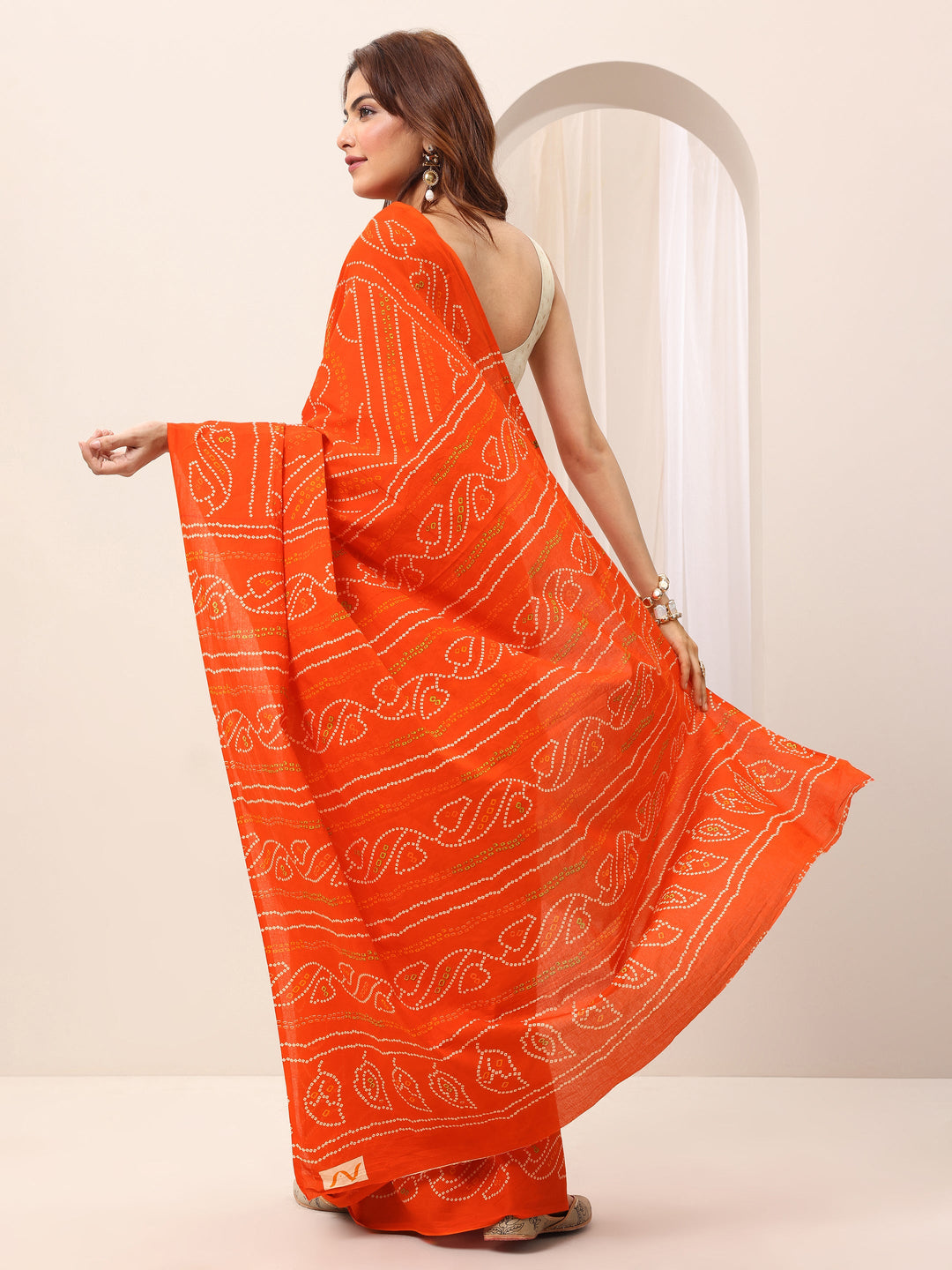 Orange Printed Cotton Saree With Unstitched Blouse