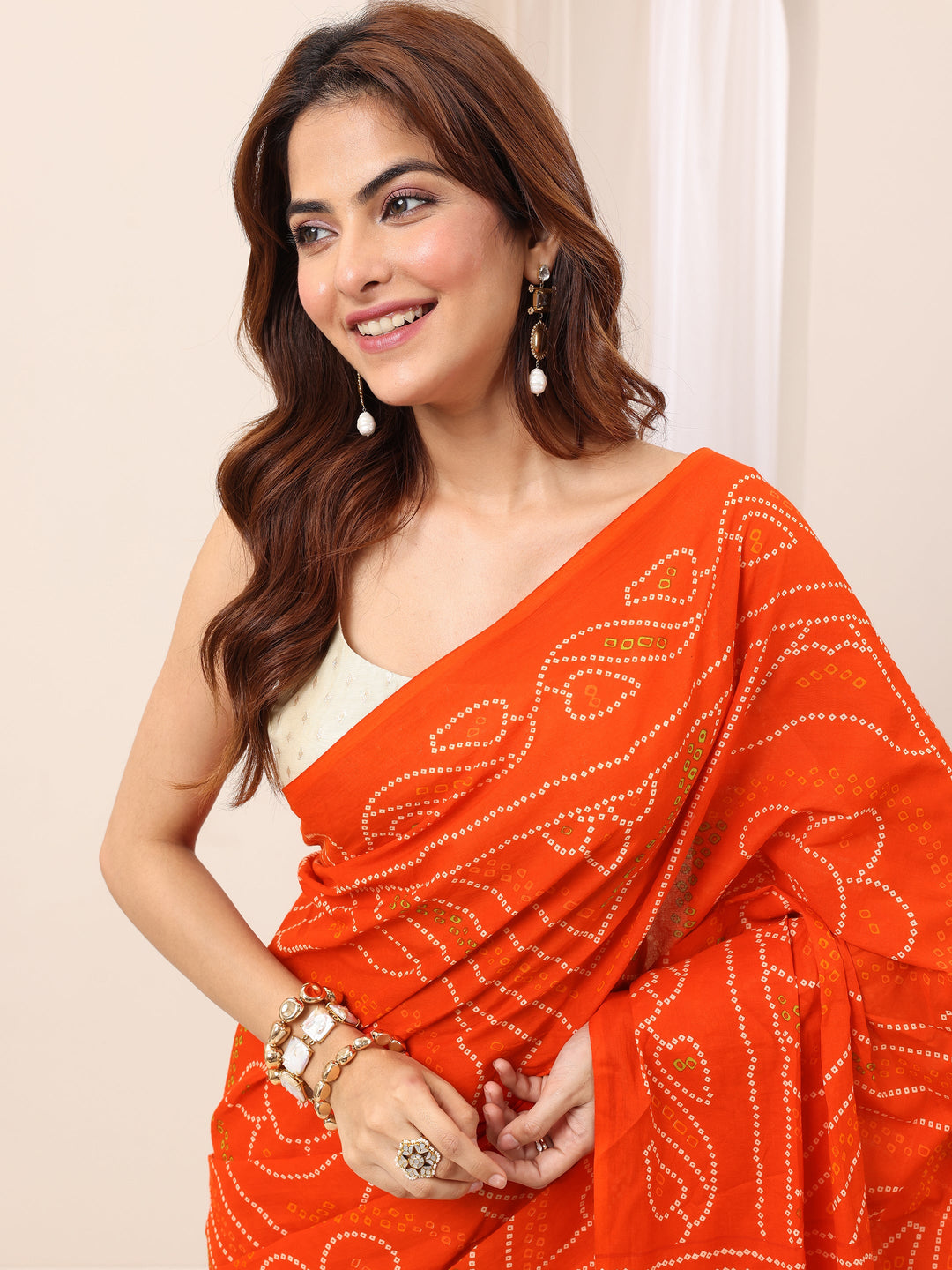 Orange Printed Cotton Saree With Unstitched Blouse