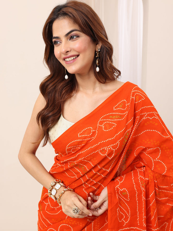 Orange Printed Cotton Saree With Unstitched Blouse