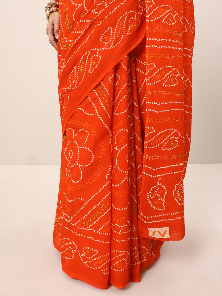 Orange Printed Cotton Saree With Unstitched Blouse