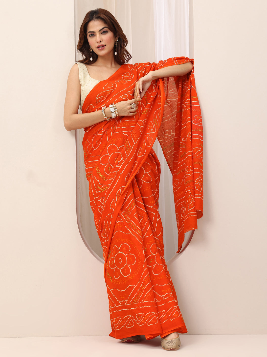 Orange Printed Cotton Saree With Unstitched Blouse