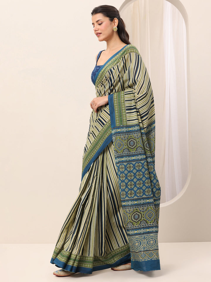 Blue Printed Cotton Saree With Unstitched Blouse