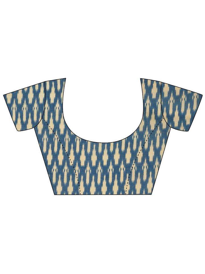 Blue Printed Cotton Saree With Unstitched Blouse
