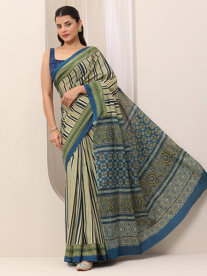 Blue Printed Cotton Saree With Unstitched Blouse