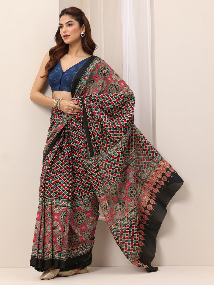 Maroon Printed Cotton Saree With Unstitched Blouse Piece