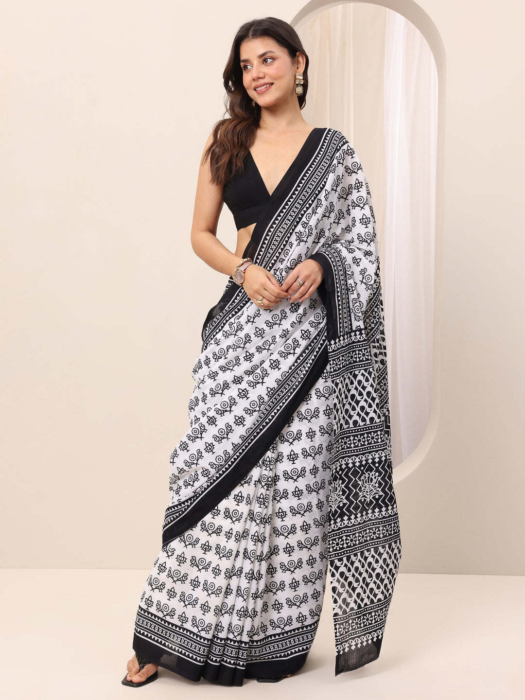 White Printed Cotton Saree With Unstitched Blouse