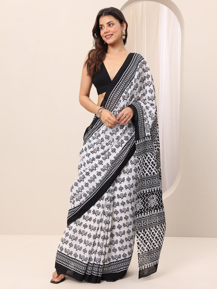 White Printed Cotton Saree With Unstitched Blouse