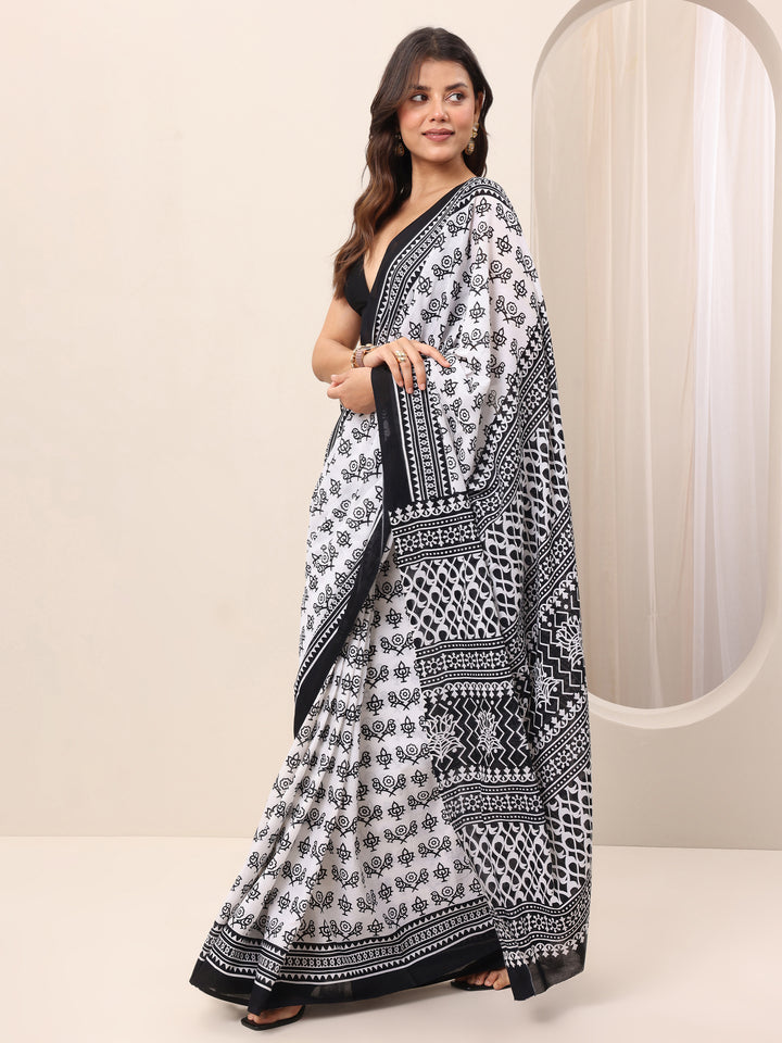 White Printed Cotton Saree With Unstitched Blouse