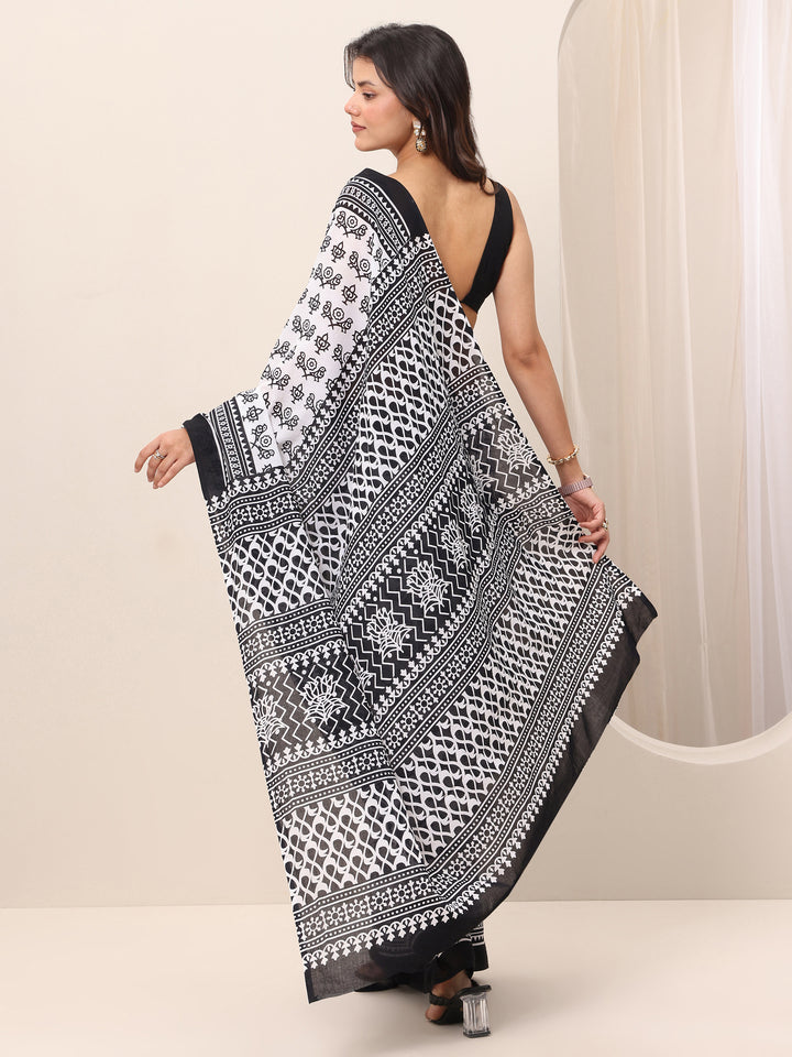 White Printed Cotton Saree With Unstitched Blouse