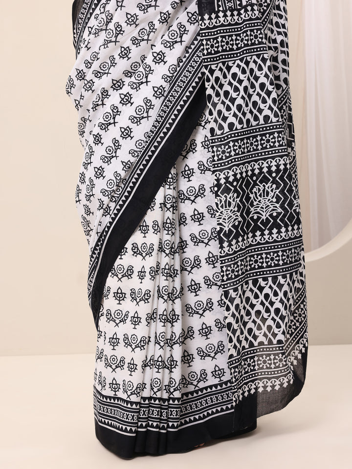 White Printed Cotton Saree With Unstitched Blouse