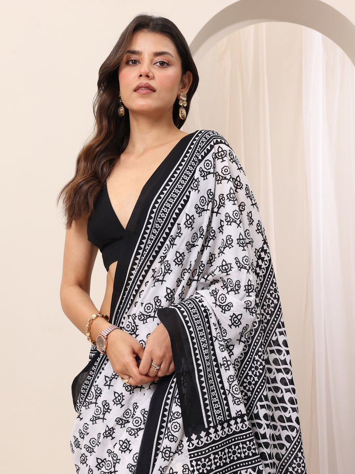White Printed Cotton Saree With Unstitched Blouse