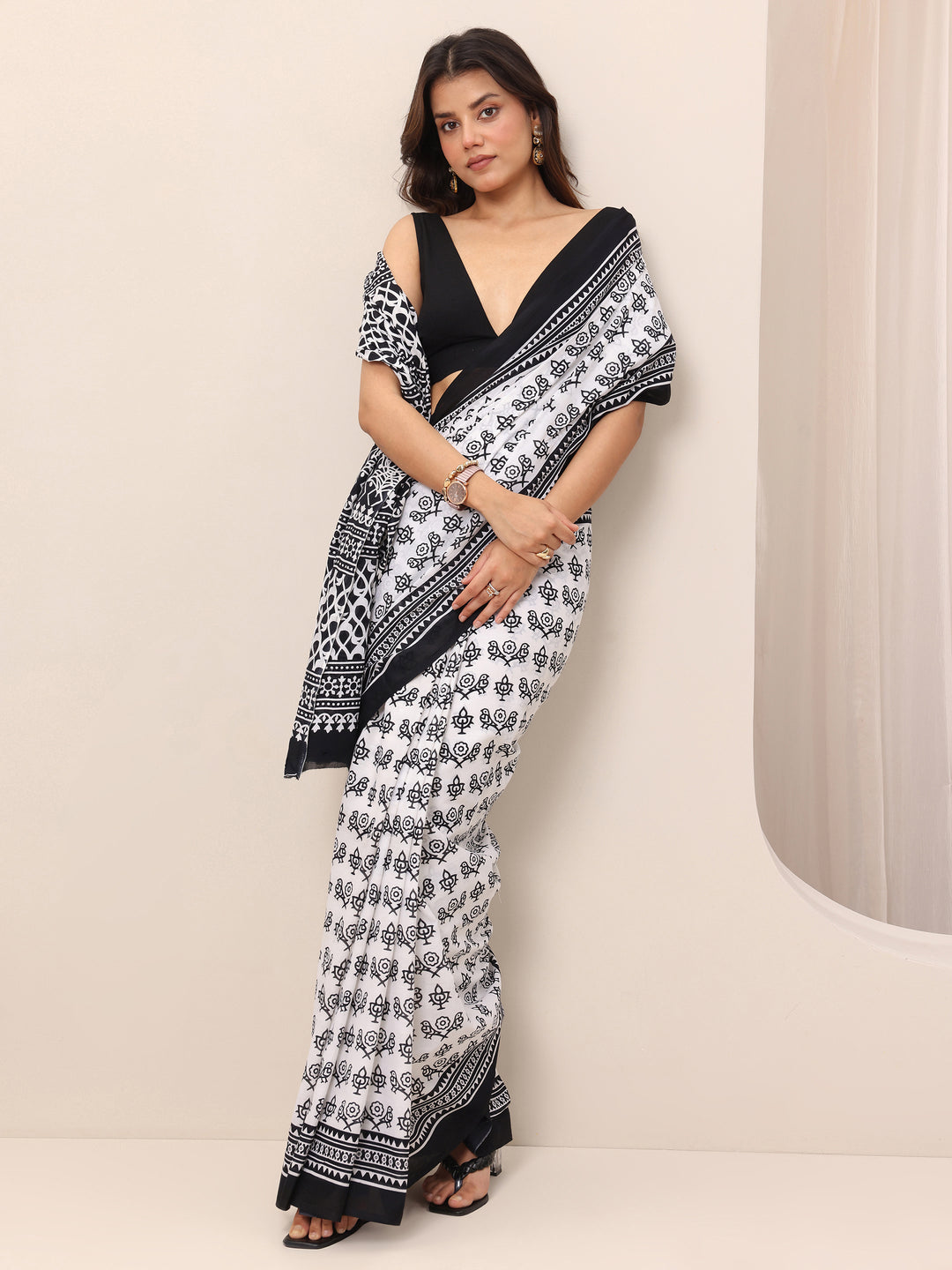 White Printed Cotton Saree With Unstitched Blouse