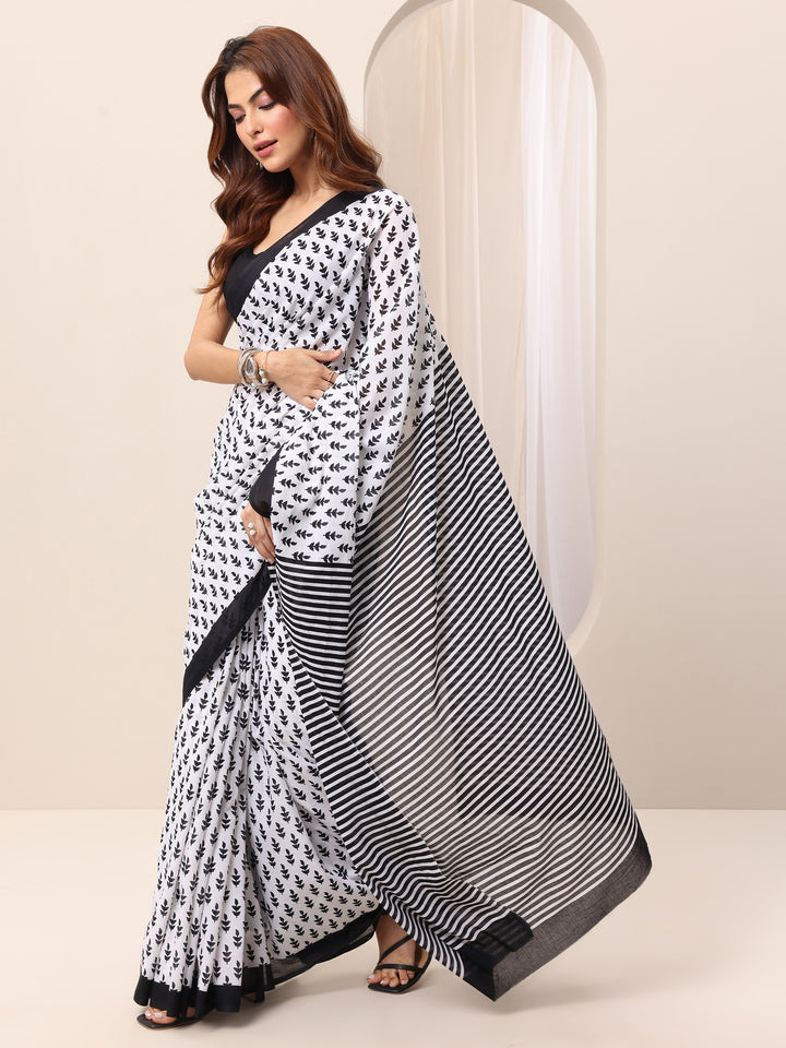 White Printed Cotton Saree With Unstitched Blouse