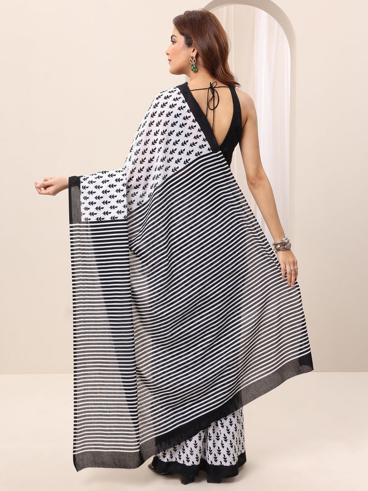 White Printed Cotton Saree With Unstitched Blouse