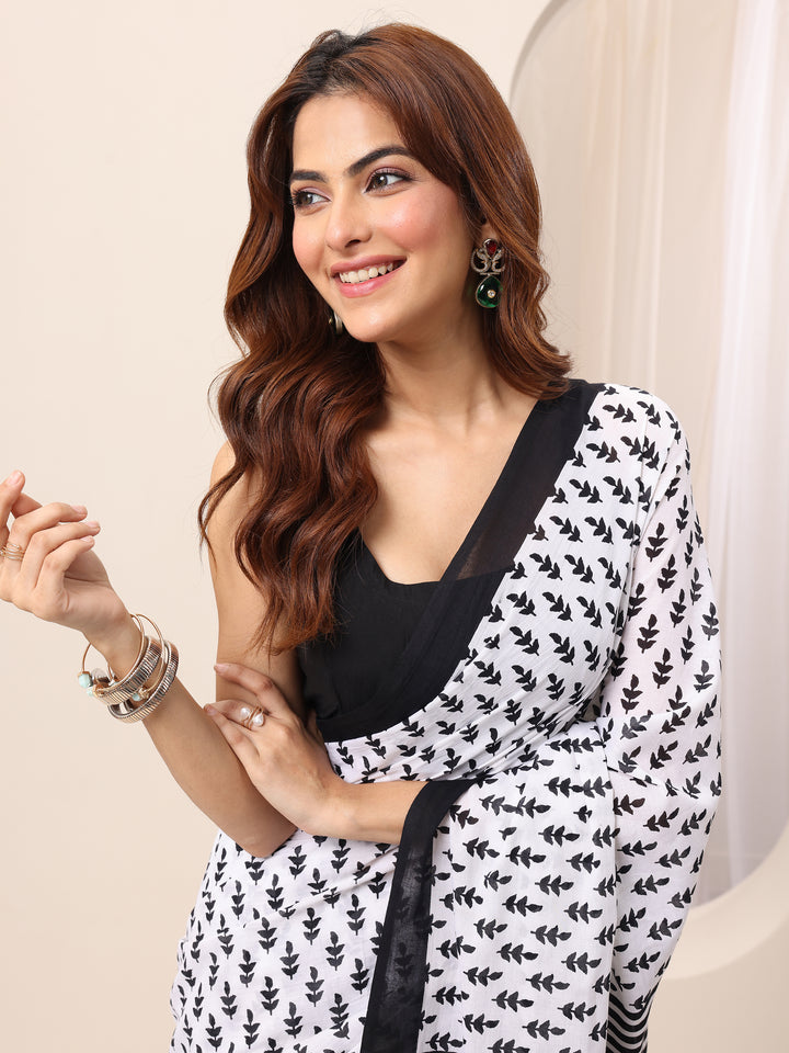 White Printed Cotton Saree With Unstitched Blouse