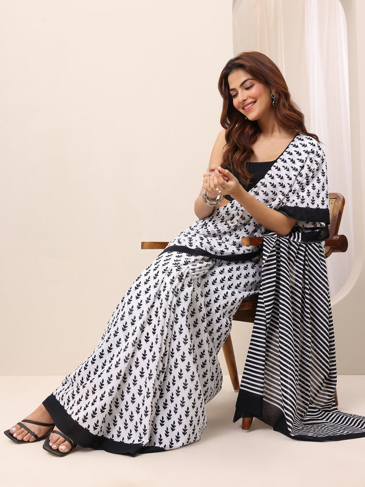 White Printed Cotton Saree With Unstitched Blouse