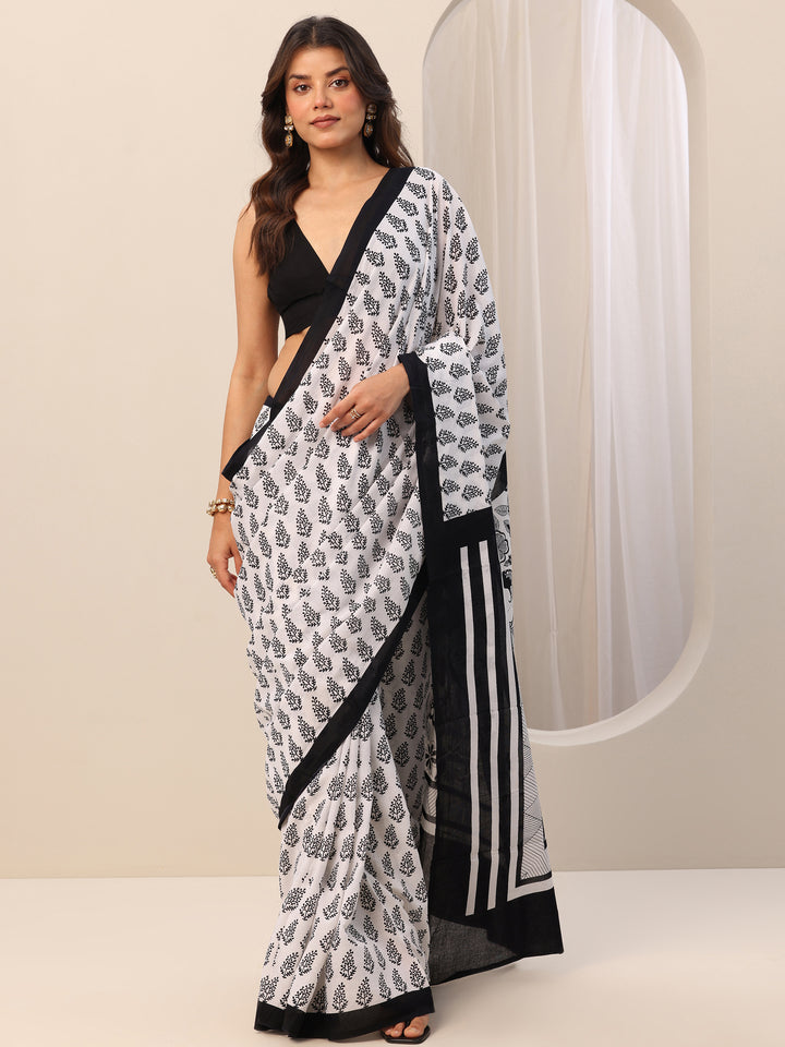 White Printed Cotton Saree With Unstitched Blouse Piece