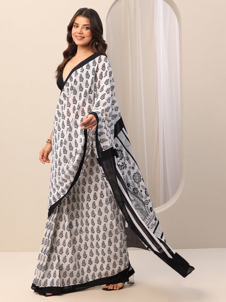 White Printed Cotton Saree With Unstitched Blouse Piece