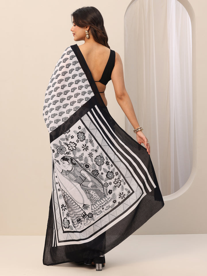 White Printed Cotton Saree With Unstitched Blouse Piece