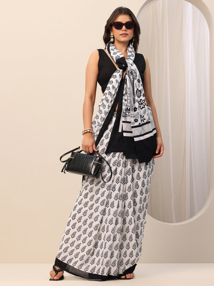 White Printed Cotton Saree With Unstitched Blouse Piece