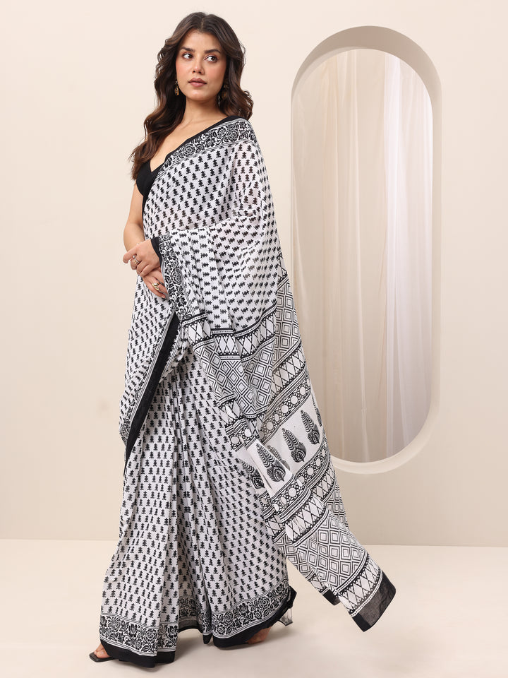 White Printed Cotton Saree With Unstitched Blouse
