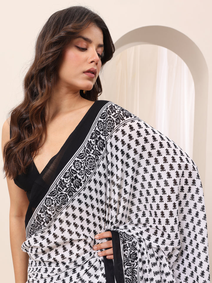 White Printed Cotton Saree With Unstitched Blouse