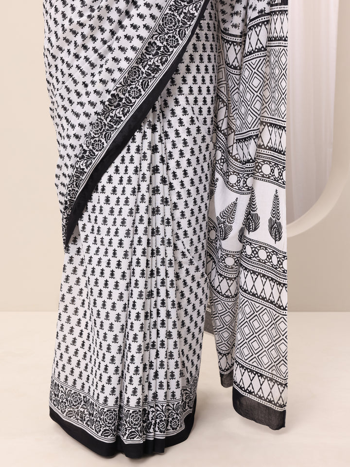 White Printed Cotton Saree With Unstitched Blouse