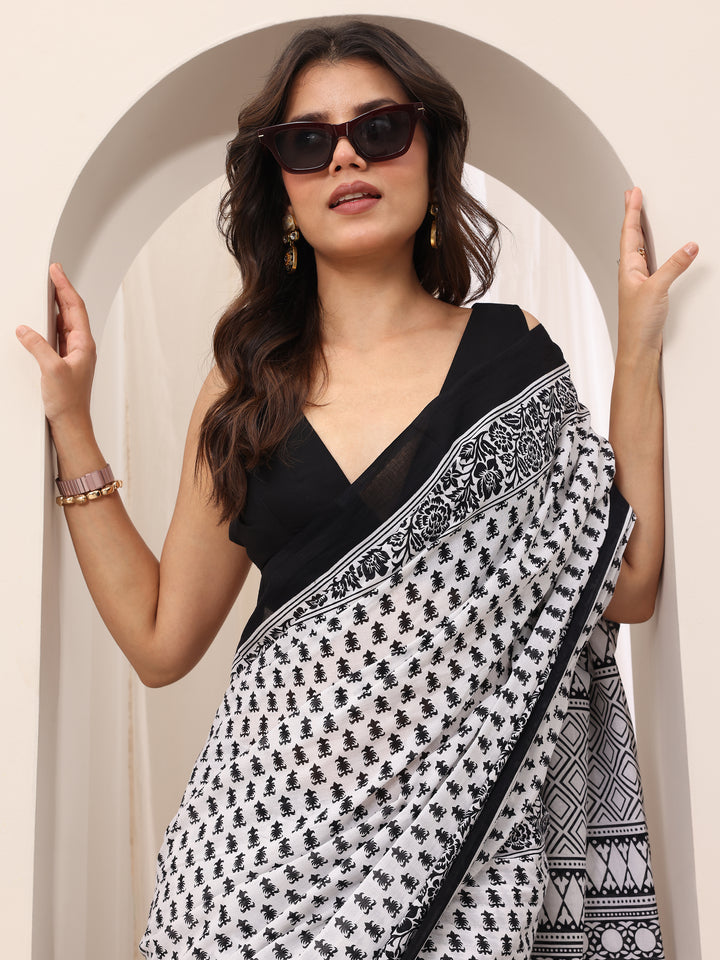 White Printed Cotton Saree With Unstitched Blouse