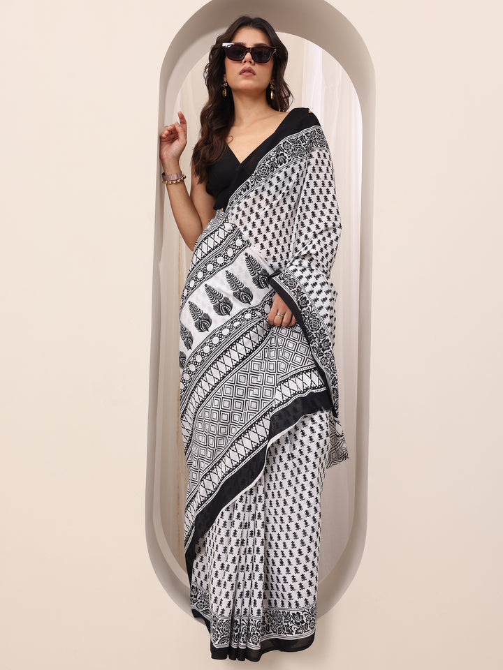 White Printed Cotton Saree With Unstitched Blouse
