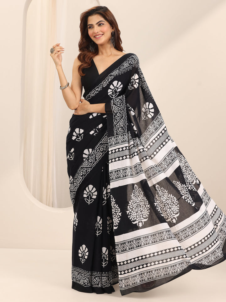 Black Printed Cotton Saree With Unstitched Blouse