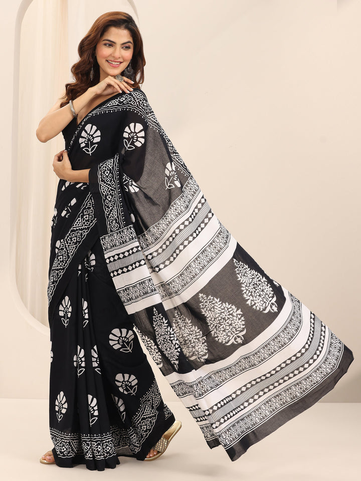 Black Printed Cotton Saree With Unstitched Blouse