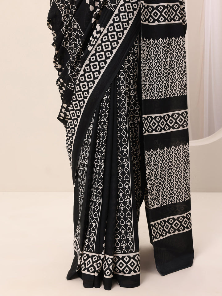 Black Printed Cotton Saree With Unstitched Blouse