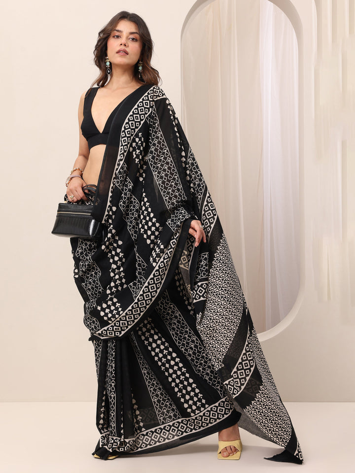 Black Printed Cotton Saree With Unstitched Blouse
