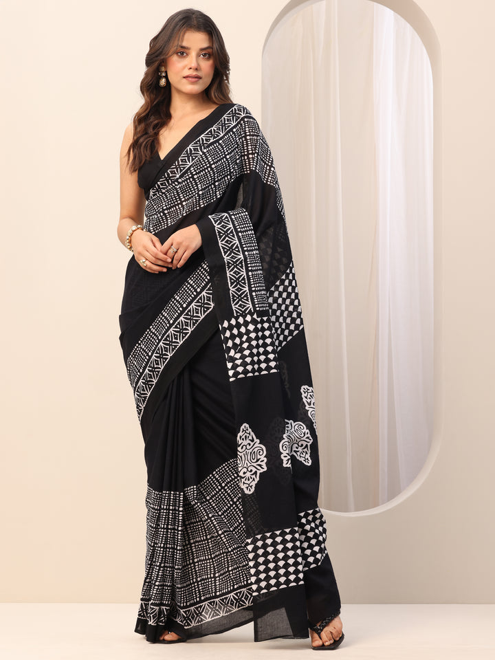 Black Printed Cotton Saree With Unstitched Blouse