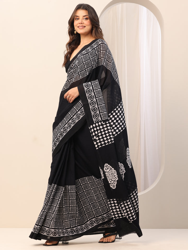 Black Printed Cotton Saree With Unstitched Blouse