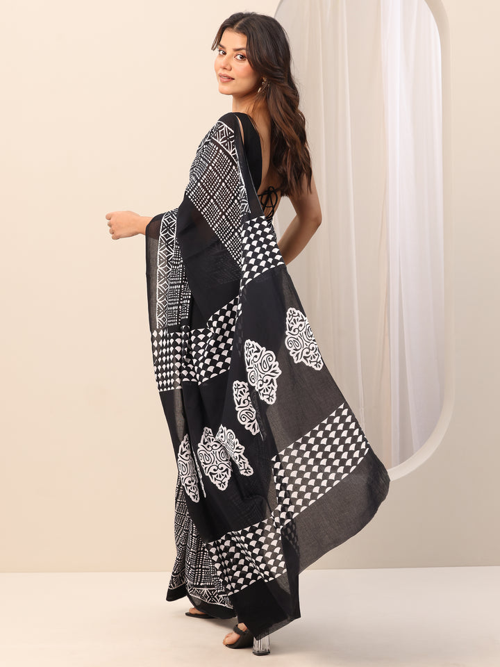 Black Printed Cotton Saree With Unstitched Blouse