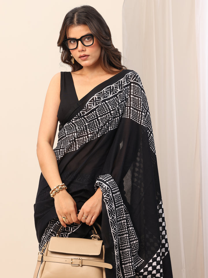 Black Printed Cotton Saree With Unstitched Blouse