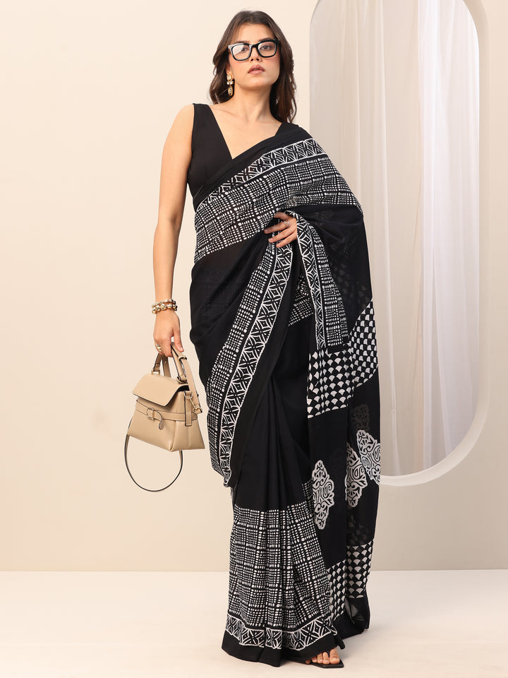Black Printed Cotton Saree With Unstitched Blouse