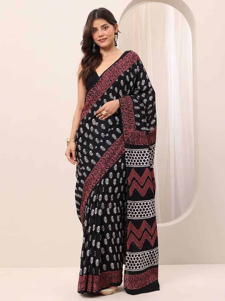 Black Printed Cotton Saree With Unstitched Blouse Piece