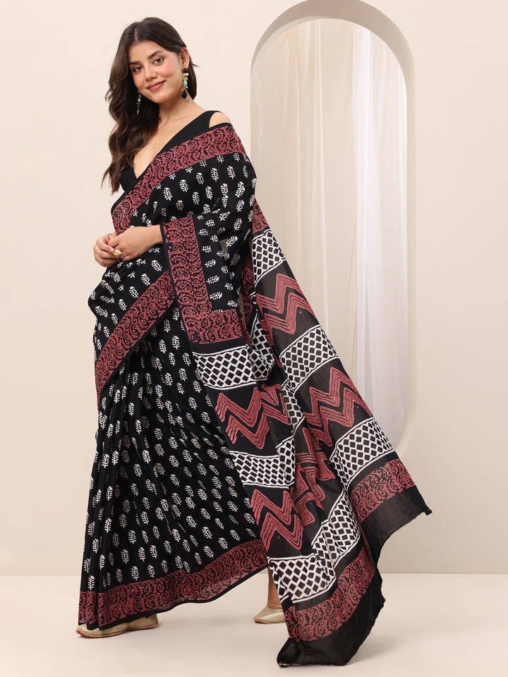 Black Printed Cotton Saree With Unstitched Blouse Piece