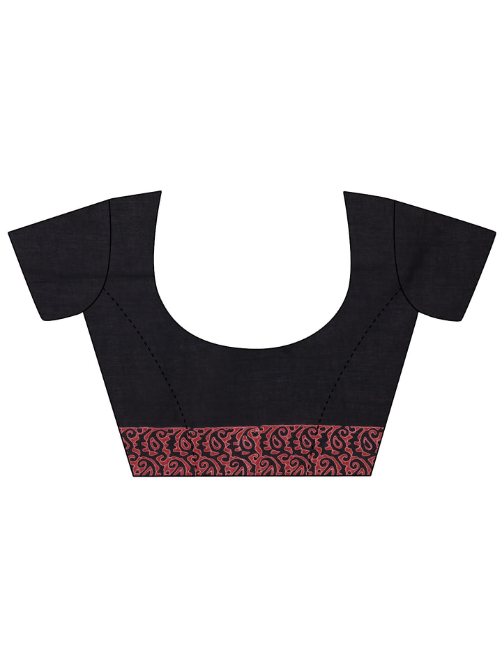 Black Printed Cotton Saree With Unstitched Blouse Piece