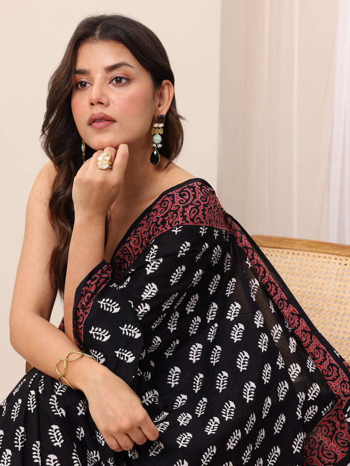 Black Printed Cotton Saree With Unstitched Blouse Piece