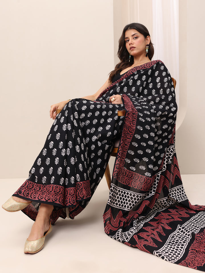 Black Printed Cotton Saree With Unstitched Blouse Piece