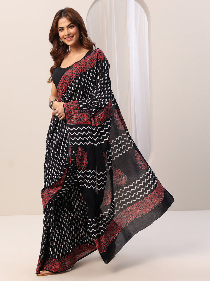 Black Printed Cotton Saree With Unstitched Blouse Piece