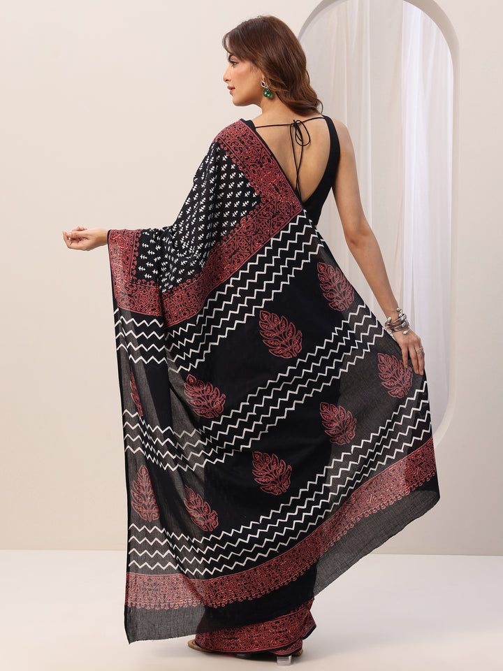 Black Printed Cotton Saree With Unstitched Blouse Piece