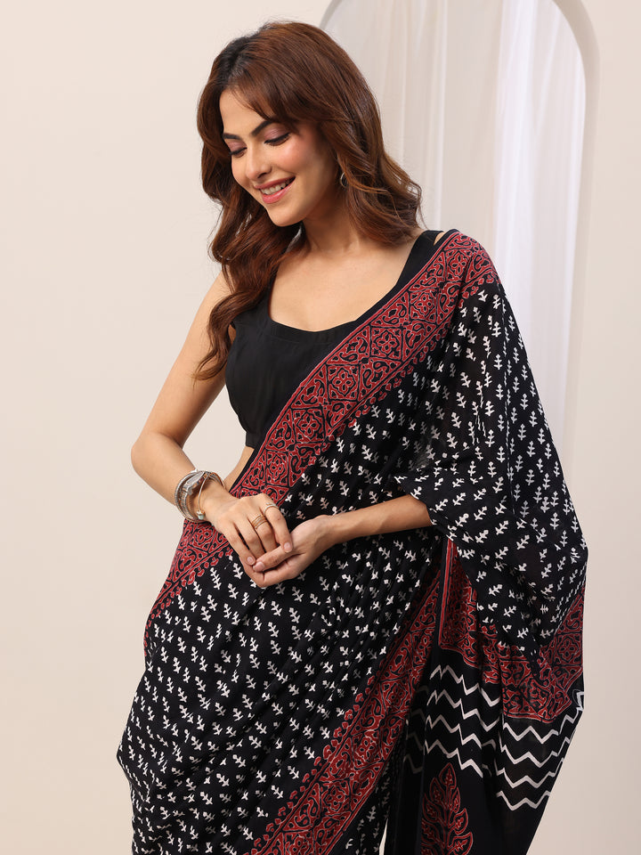 Black Printed Cotton Saree With Unstitched Blouse Piece