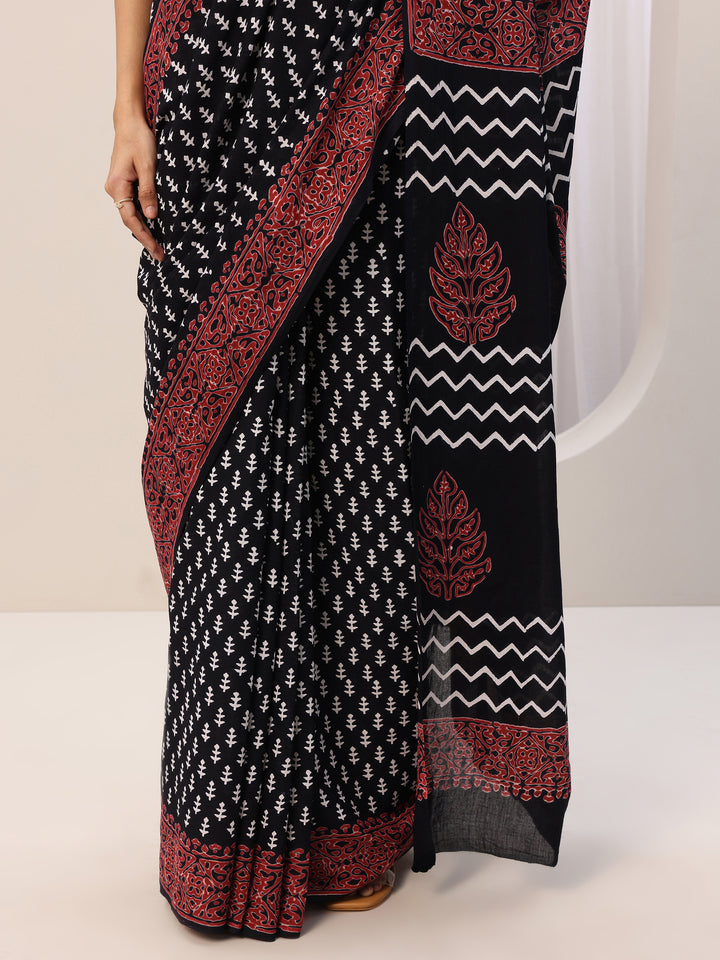 Black Printed Cotton Saree With Unstitched Blouse Piece